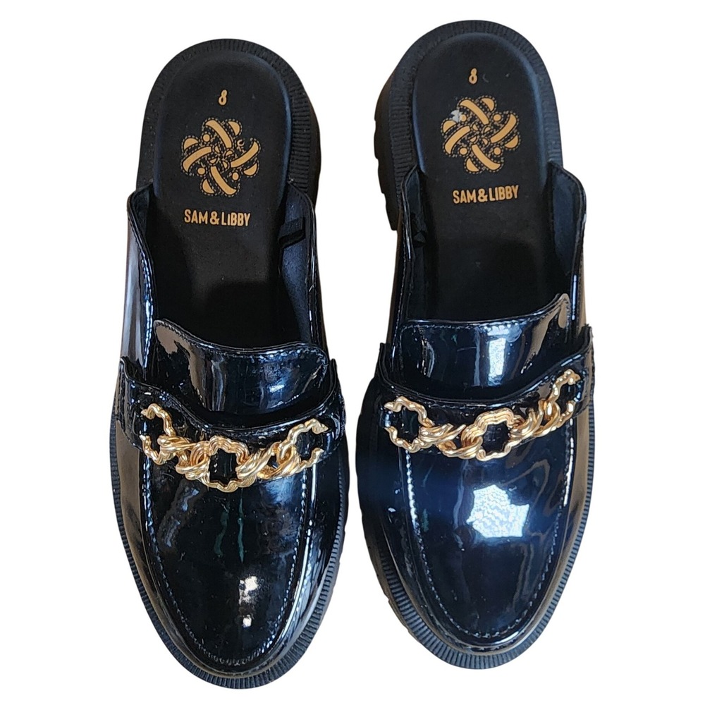 SAM & LIBBY Reese Black Patent Chain Loafer Mules Platform Chunky Sole Size 8